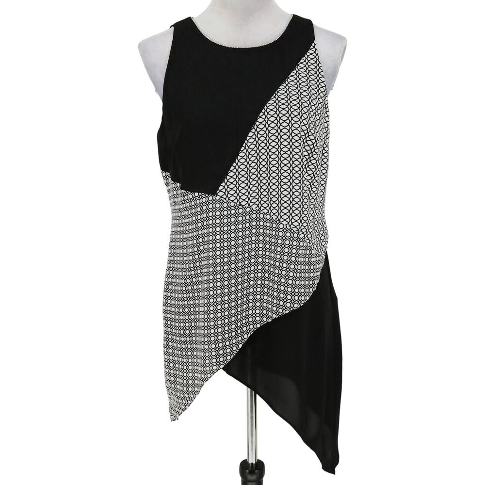 WHBM Top Womens Small Black White Lined Asymmetric Hem Blouse Tunic Resort